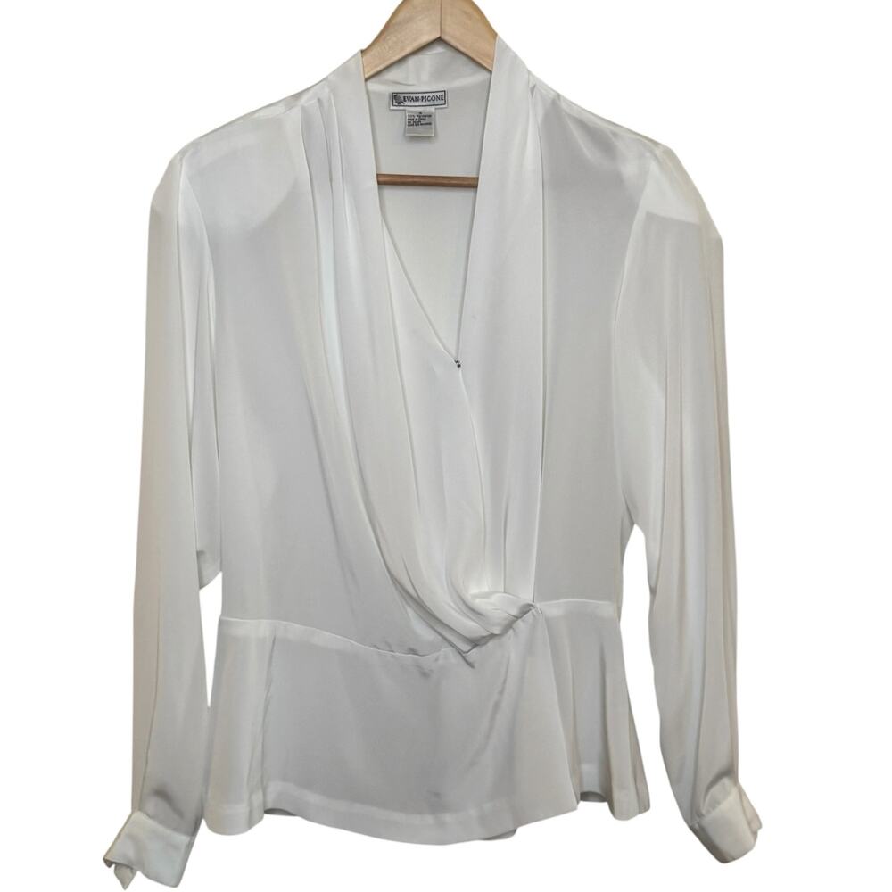 Vintage 1980's Evan Picone Drape Front Size 14 White Chiffon Peplum Blouse